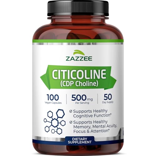 Zazzee Extra Strength Citicoline 500 mg per Serving 100 Vegan Capsules Superior CDP Choline Form 100% Vegetarian and Pharmaceutical Grade 50-Day Supply All-Natural and Non-GMO