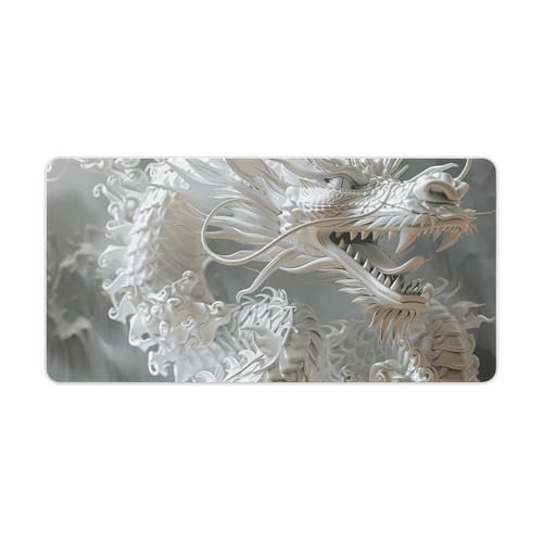 Tapis de souris grande taille dragon blanc tapis de bureau XXL impermeable et antiderapant