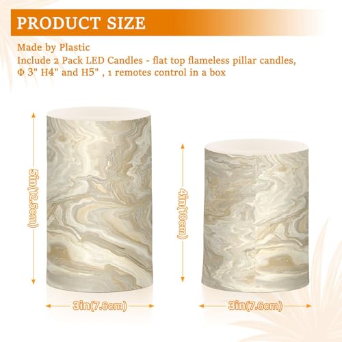 Image of Flickering Flameless Candles, Gold Tile Marble LED Candles with Remote Timer, Set of 2 Battery Operated Candle for Valentine Wedding Birthday