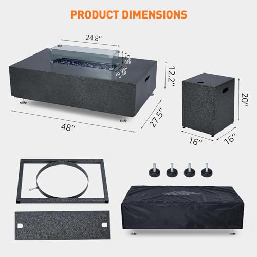 48" Outdoor Fire Table, 48 inch Rectangle Propane Gas Fire Pit Table, 50,000 BTU Modern Firepit with 16 inch Tank Cover Side Table, Wind Guard, Fire Glass, Rain Cover