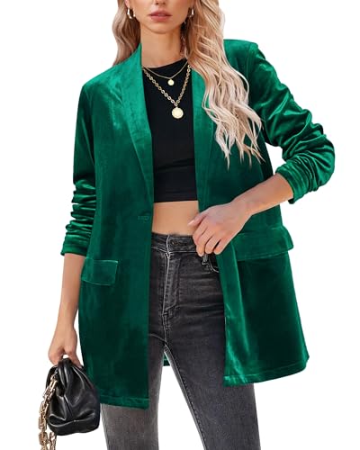 GRAPENT Green Velvet Blazer - Women's Professional Clothes for Work & Casual Business Attire - Dark Green, Medium Size 8 & 10