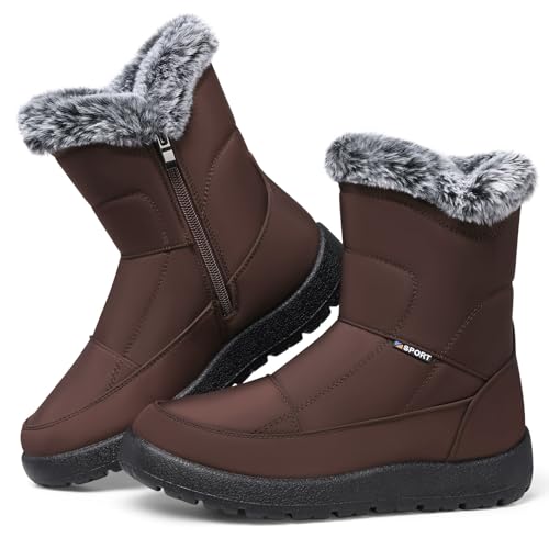 SHIBEVER Women's Snow Boots Winter: Waterproof Fur Lined Anti-Slip Ankle Booties Outdoor Comfortable Furry Women Snow Boot Brown Size 9