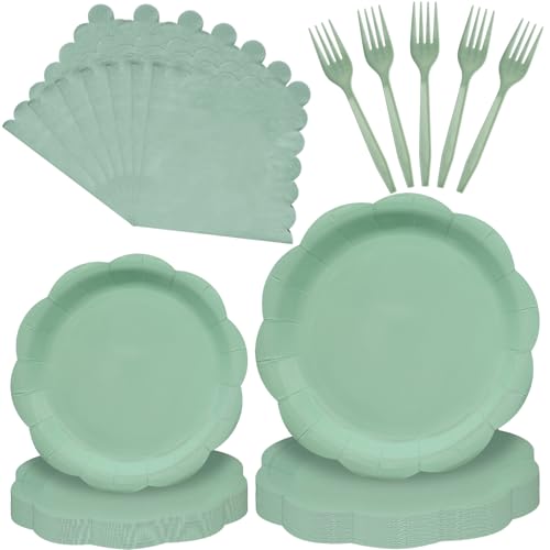 96 Pieces Sage Green Scalloped Tableware Set Party Supplies – Solid Color Disposable Dinnerware with Paper Plates, Napkins, and Forks for Birthday Parties, Garden Events, Baby Showers – Serves 24
