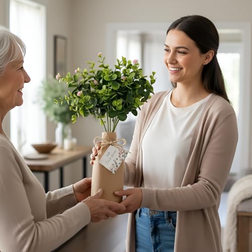 Image of Artificial Eucalyptus Bouquet with Baby Breath Pink Flowers - 6 Stems Faux Greenery Bunch, 33cm Height for Home, Office, Wedding & Party Decoration (Vase not Included)