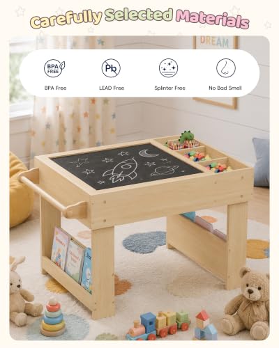 Xilingol 5-in-1 Kids Light Table, Reversible Activity Desk with Sand Art, Building Block, Blackboard, Paper Roll Holder, Storage & Bookshelf, Sensory Play Table for Toddlers Ages 3+, Natural - Image 8