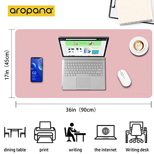 Image of Aropana Vegan Leather Desk Mat | Large Reversible Mouse Pad & Computer Table Protector | Dual-Side Waterproof Extended Laptop Pad with Edge-Stitched Design (35.4 x 17.7 inch, Pink and Silver)