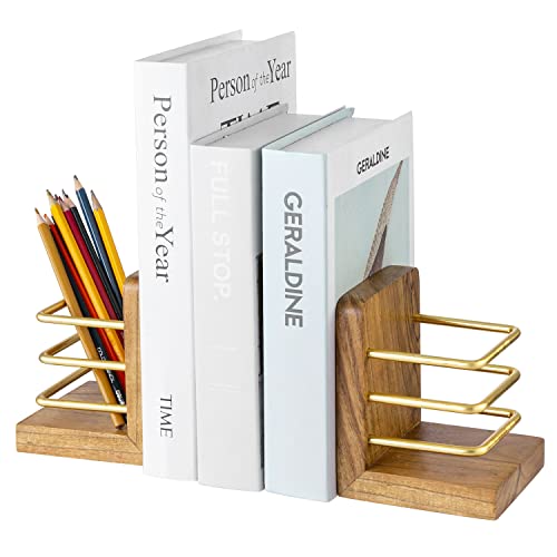Mygift Handcrafted Deluxe Acacia Wood Decorative Bookend Set With Brass Tone Metal Wire Holder Slot Storage For Pens, Pencils, & Office Stationery, 1 Pair - Made In India #TOP17