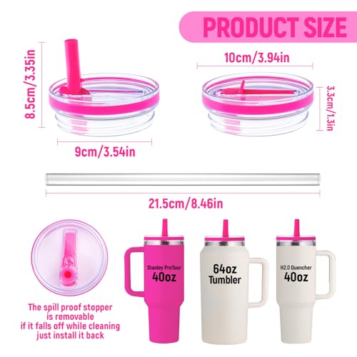 Image of Replacement Lid for Stanley 40 oz and 64 oz Tumbler.Leak proof Flip Straw Lid Fit Stanley Cup Quencher H2.0 40 oz /64 oz and Stanley ProTour 40oz /64oz Tumbler.(Fuchsia,2-Pack)