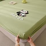 Sábanas bajeras ajustables de 25 cm de profundidad, diseño bordado de panda de dibujos animados, algodón de gasa doble, suave, transpirable, elástico, protector de colchón para dormitorio (verde