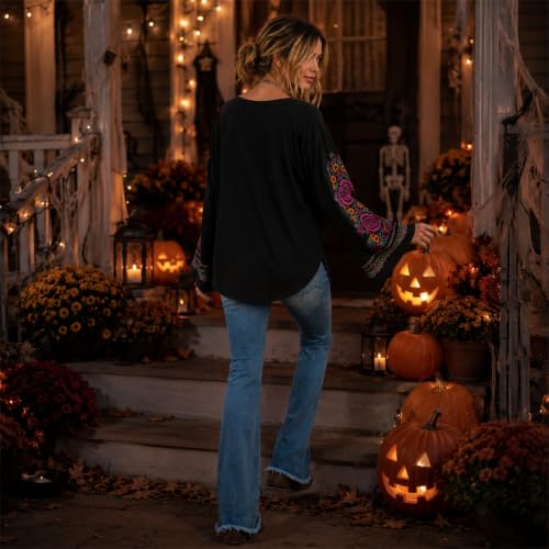 Womens Halloween Shirts Skeleton Floral Graphic Shirt Bell Sleeve Top - image 5