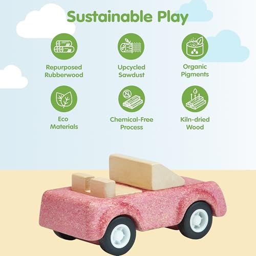 Image of PlanToys Pink Sports Car Wooden Montessori Vehicle Toy | Early Movement, Imagination and Practical Life Exploration | Eco Friendly Car for Indoor and Outdoor Play