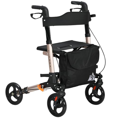 HOMCOM Rollator mit 4 Rädern mit Sitz und Rückenlehne, zusammenklappbarer Mobilitäts-Rollator mit Tragetasche, höhenverstellbar, Doppelbremsen, Stockhalter, leichtes Aluminium-Gehgestell für Senioren HOMCOM Rollator mit 4 Rädern mit Sitz und Rückenlehne, zusammenklappbarer Mobilitäts-Rollator mit Tragetasche, höhenverstellbar, Doppelbremsen, Stockhalter, leichtes Aluminium-Gehgestell für Senioren