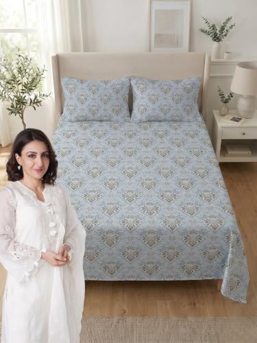 Image of Mafatlal 144 TC Pure Cotton bedsheet Double Bed, Floral Print Double Bed Sheet, 90x100 inches Double bedsheet Set, Cotton Bed Sheet Full Bed chadar|Powder Blue