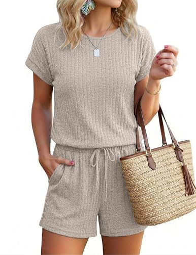 Ekouaer Women’s Rompers Summer Casual Ribbed Knit Short Jumpsuit Vacation Outfits 2026 Beach Clothes Beige M