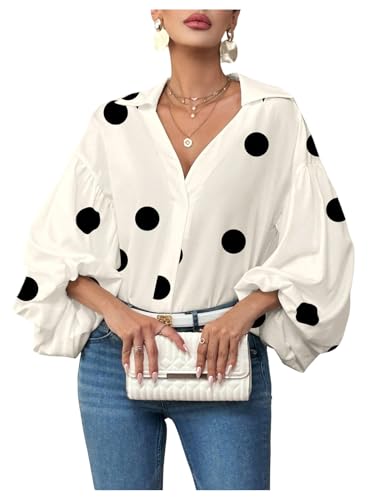 Floerns Women's Polka Dots Collared V Neck Blouse Bubble Sleeve Elegant Shirt Top