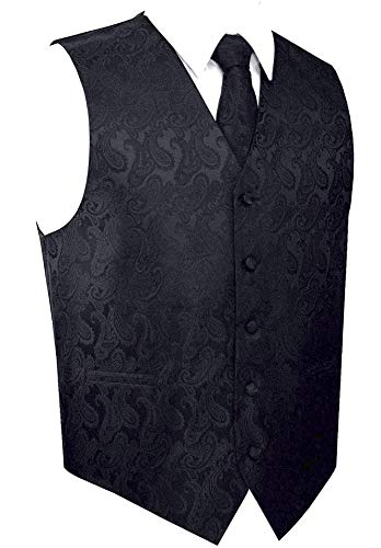 Men's Black Paisley Design 3pc Dress Vest NeckTie Pocket Square Set for Suit or Tuxedo (XL (Chest 46))