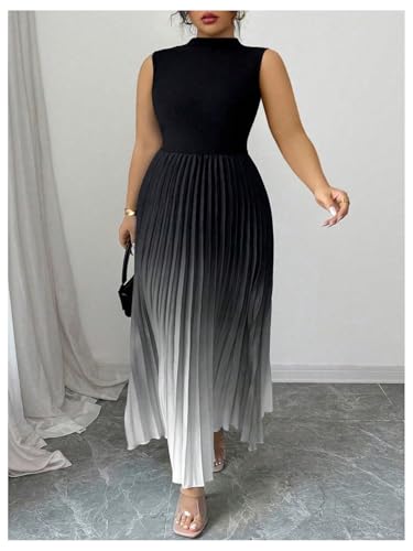 Image of SOLY HUX Women's Plus Size Summer Ombre Sleeveless Flowy Maxi Dress | Birthday, Pleated A Line, Mock Neck, Formal Outfits,Cocktail, Wedding, Graduation