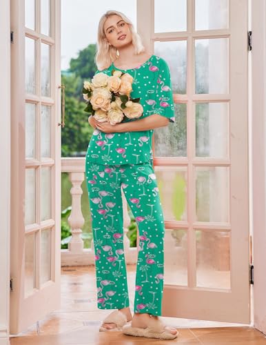 Image of Ekouaer 2 Pack Womens Pajamas Sets Short Sleeve Long Pants Pjs Lounge Set