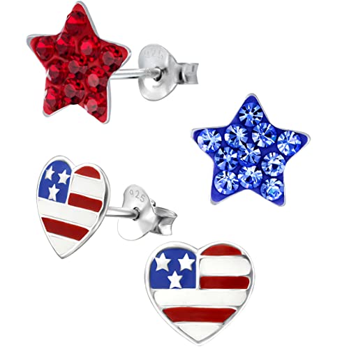 ICYROSE set of 2 pairs 925 Sterling Silver American USA Flag Heart Stud and red & Blue Crystal Star Earrings (Nickel Free)