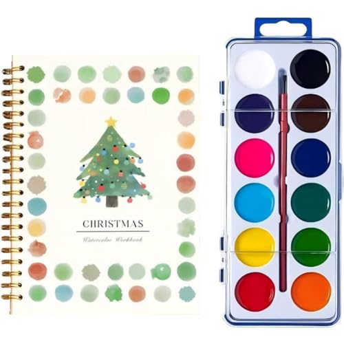 Quaderno per esercizi di pittura 12 colori con pittura e pennello, set di arte dipinta a mano (Natale) (A)