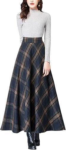 Women's Vintage High Waist Wool Blend Plaid A-Line Long Maxi Skirt with Pocket2