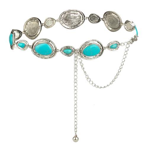 ILuvatar Women's Western Silver Metal Belt - Adjustable Cowgirl Style with Turquoise & Oval Plaque Decor - Ideal for Dresses, Jeans, Country Concerts & Boho Outfits