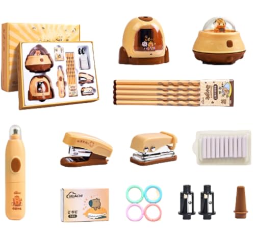Sailozaiカピバラ電気文具セット、学習用品、始業式ギフトバッグ、ギフトボックス、ペンケース、電気鉛筆削り、ホチキス、電気消しゴム、デスク用掃除機。かわいい (【カピバラ】電動文具セット(バッテリータイプ))