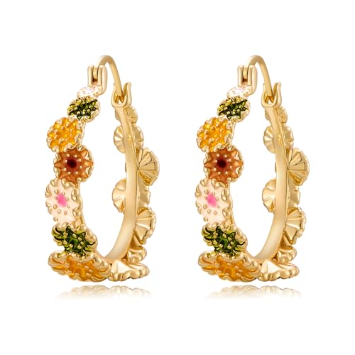 Chunky Gold Flower Hoop Earrings for Women Trendy Colorful Floral Earrings Statement Earrings Vintage Boho Jewelry