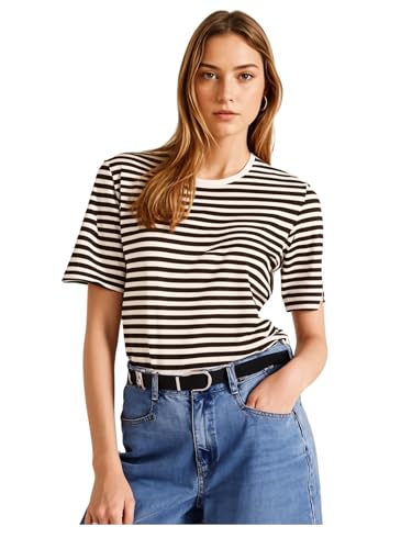 Image of Mack Jonney Oversized | Loose Fit | Half Sleeves 100% Cotton Round Neck Striped T-Shirt for WOMEN-MACK640558