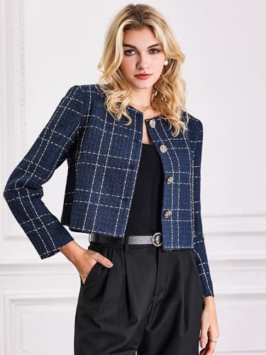 Women's Collarless Blazer Plaid Button Front Crop Tweed Jacket2