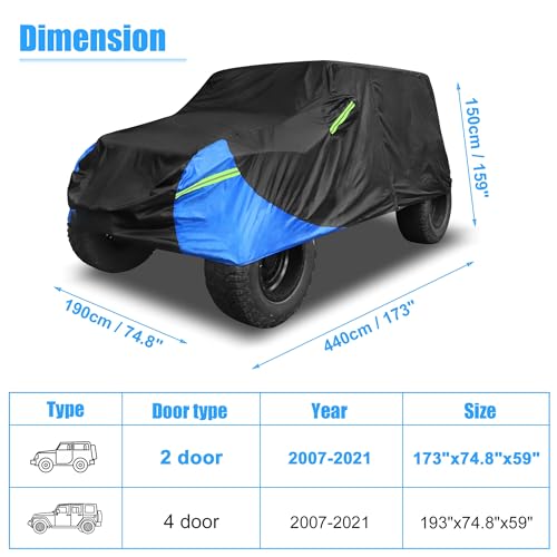 X AUTOHAUX for Jeep Wrangler Cover 2 Door Waterproof SUV Covers for Jeep Wrangler Unlimited Sport/Sahara/Rubicon JK JL TJ YJ All Weather Protection Outdoor Black Blue by X AUTOHAUX - Image 7
