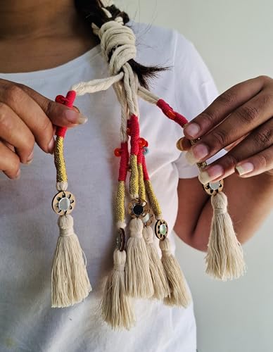 Image of Zippy Flora Handmade Boho Parandi / Paranda Traditional Hair Accessory for Women & Girls | Ethnic Braided Hair Tassels, Choti Hair Extension, Decorative Braid Jewelry for Festive & Wedding Hairstyles (Neelima Off-White)