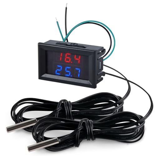 FBBULES Dual Display LED Digitales Thermometer mit 2 Wasserdichten Metallsonden, DC 4-28V Temperatursensor für Aquarium Fischbecken Kühlschrank, mit 3M Sensorleitung, Rot&Blau