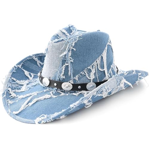 Cmipeob Western Cowboy Hat for Men Women Distressed Denim Cowgirl Hat Vintage Country Cow Girl Hats with Belt Buckle Party Cattleman Rancher Cowboys Wide Brim Sombrero Vaquero para Hombre Light Blue