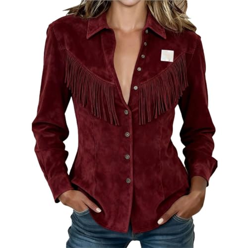 LinRim Camisa vaquera para mujer, camisa occidental con flecos de ante sintético, vintage, estilo boho occidental, parte superior de los años 60, 70, hippie, ropa para carnaval, carnaval, Halloween