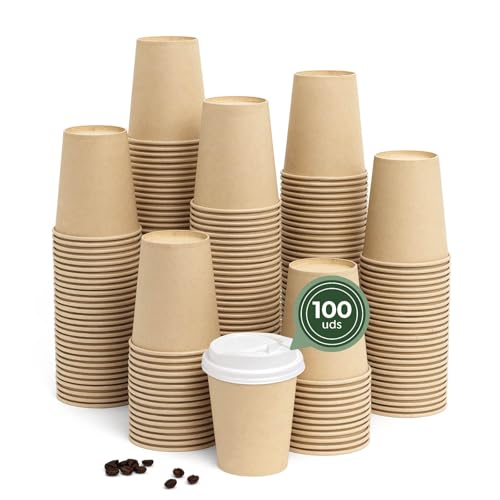 Maxi Products - 100 Vasos Cartón Kraft + Tapa Blanca - 250 cc (8 oz) - Vasos Desechables para Café para Llevar - Reciclables - Apto Alimentos Calientes - TAKE AWAY