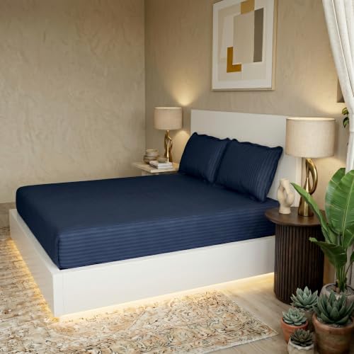 Image of Filymore Double Bed Bedsheet with 2 Pillow Covers, 300 TC Soft Microfiber Satin Striped Bedsheet, Navy Blue Striped Bedcover for Double Bed, Breathable & Comfortable Bedding Set (90x90 Inches)