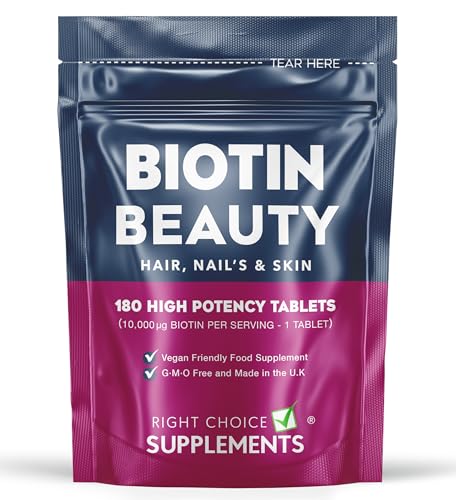 Biotin 10,000mcg - 180 Tablets / 6 Month Supply Double Strength - Supports The Growth & Maintenance of Healthy Hair Nails & Skin for Women and Men