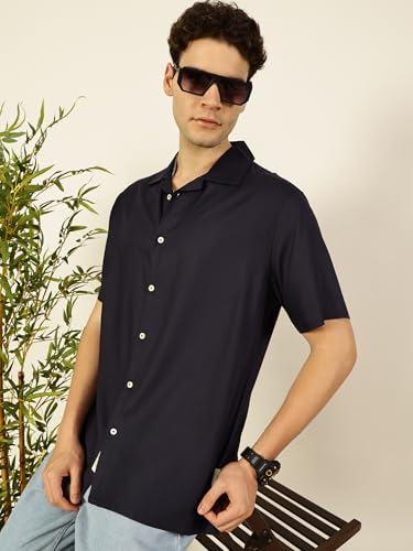 Image of Thomas Scott Men Half Sleeves Camp Collar Oversize Fit Solid Casual Shirt