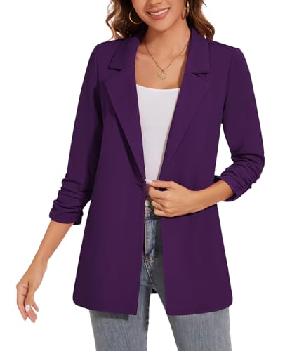 Women's Long Blazer Jackets Button Front Lapel Ruched 3/4 Sleeve Business Casual Office Work Lightweight Blazers4