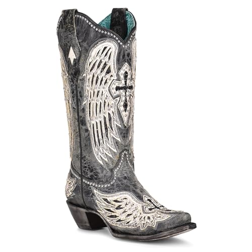 CORRAL LADIE'S BLACK CROSS & WINGS OVERLAY & STUDS, SNIP TOE, LEATHER SOLE, WESTERN, A42322
