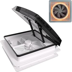 2012 Ventilador de ventilación de techo RV de 14 pulgadas con control de voz y luz LED de 4 colores, ventilador de escape inteligente reversible Air Max de 12 V a 24 V con control remoto y sensor de