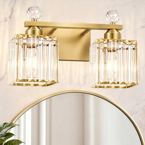 Image of Lxybcce Modern 14In 2-Lights Bathroom Vanity Light, Crystal Bathroom Light Fixtures, Gold Vanity Light Fixtures Over Mirror, Easy Installation & Shadow-Free Illumination for Bathroom Mirror Decor