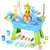 GGRH 2026 Upgraded Water Table for Toddlers 1-3 - Outdoor Toys for Kids Ages 4-8 with Pump, Summer Outside Sensory Activity Pool Toys, Kitchen Play Sink Toy with Running Water, Fishing Toy, Blue