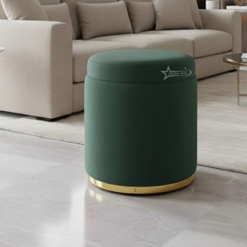 Image of Velvet Round Single Strip Ottoman Office Stool Foot Rest Stool Velvet Fabric Padded Seat Pouf Ottoman 16 X 16X 19 inch, in Round Shape for Living Room Dark Green