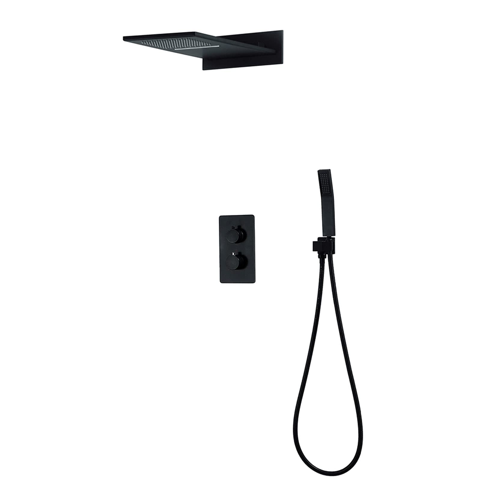 QUSYZD Shower Faucet Set Matte Black, Waterfall Rainfall Shower Head with Handheld Shower, Brass Thermostatic Shower System, Rain Mixer Shower Set,