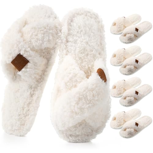 4 Pair Women's Fuzzy Slippers Wedding Bridesmaid Slippers Bulk Bridal Open Toe Cross Band Memory Foam Indoor House Shoes