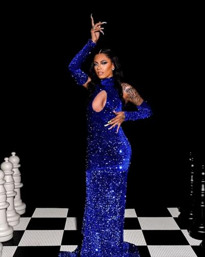 Mermaid Sequin Prom Dresses Long Sleeve Halter Neck Formal Party Evening Gown4