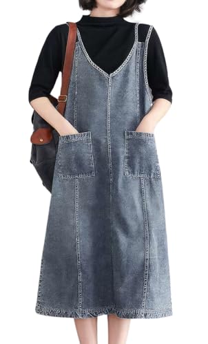 Image of ebossy Women's Sleeveless V Neck Denim Overall Jumper Dress Casual Loose Double Spaghetti Straps Midi Jean Dress