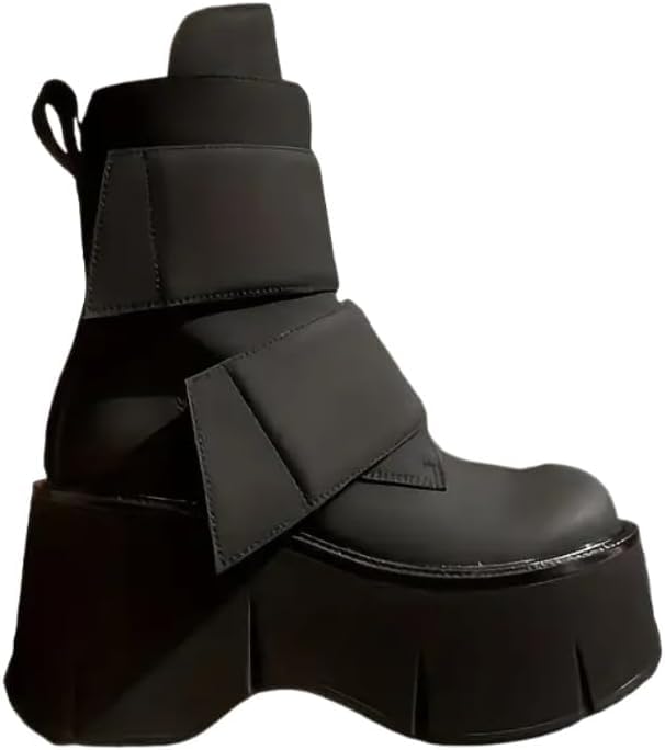Womens Black Platform Wedge Ankle Boots Slip-Resistant Rubber Sole High Heel with Adjustable Buckle Strap Fashionable Solid Color